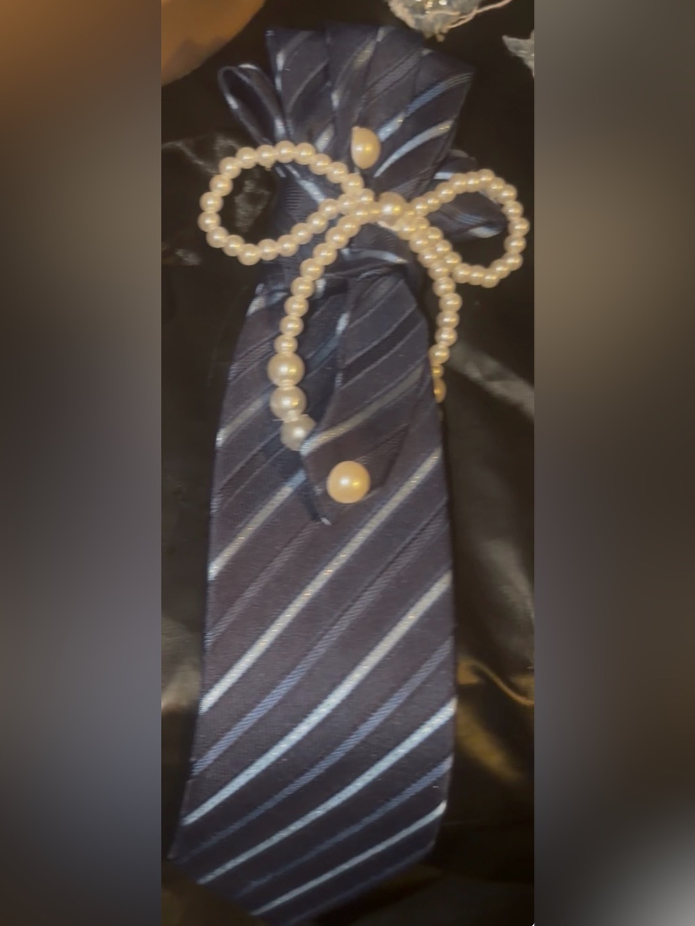 Classic Navy Striped Tie with Ivory Pearl Accent